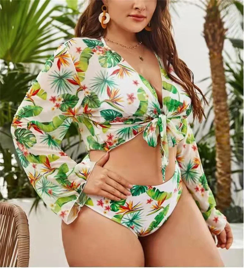 Printed Split Plus Size Bikini Young Style Women Beach High Waist Swimsuit 3 Pieces Sexy Female Swimwears Set Spring Summer