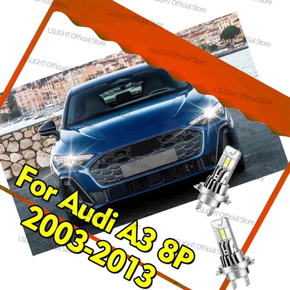 2Pcs 6000K H7 LED Wireless Front Headlights 30000LM Lamps For Audi A3 8P 2003-2013 2004 2005 2006 2007 2008 2009 2010 2011 2012
