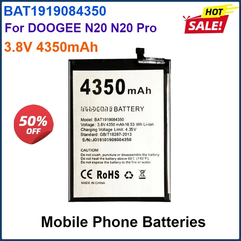 

3.8V 4350mAh Rechargeable Mobile Phone Batteries BAT1919084350 For DOOGEE N20 / N20 Pro N20Pro Smartphone Portable Battery