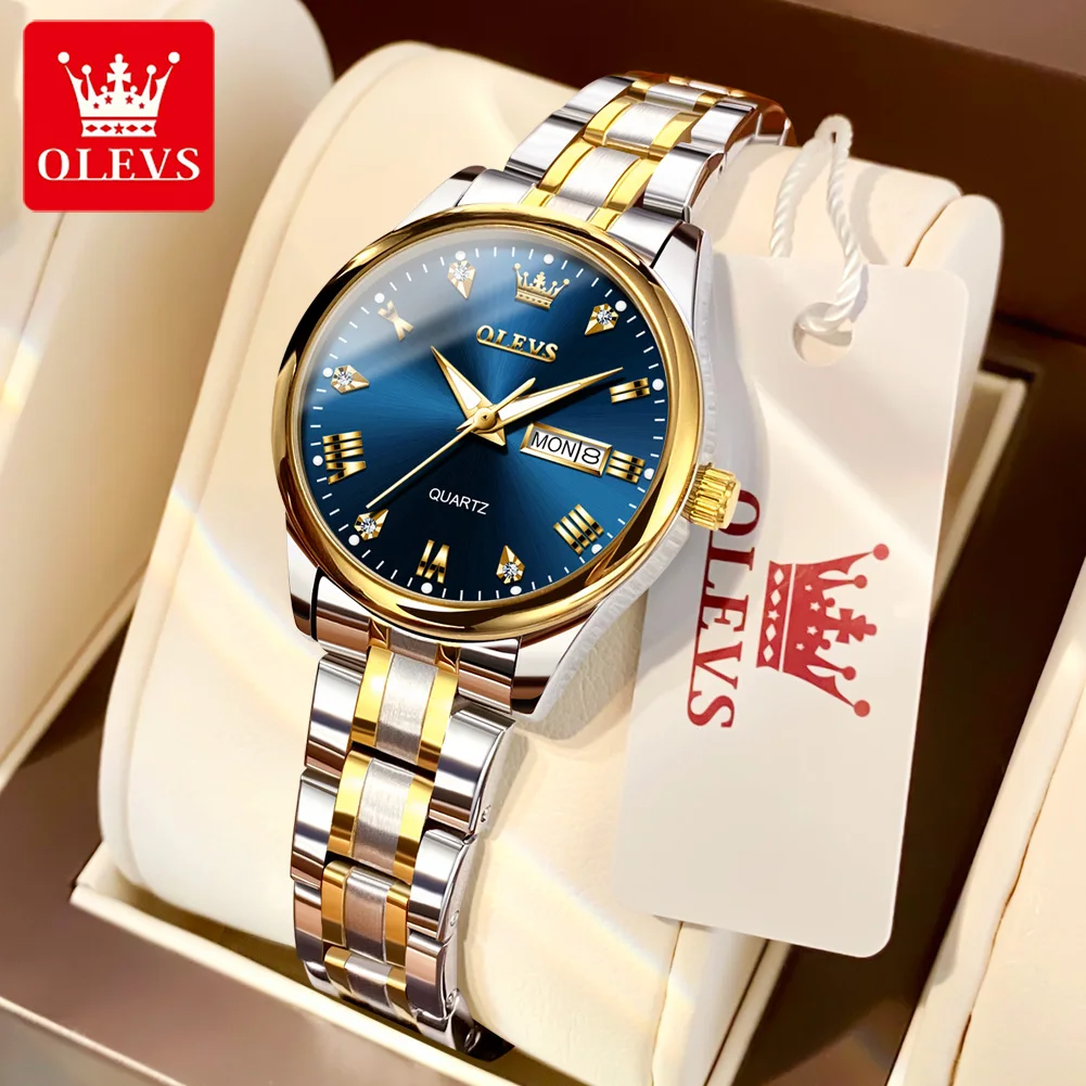 

OLEVS Brand New Fashion Quartz Watch Women Waterproof Classic Week Date Luxury Womens Watches Stainless Steel Blue Wristwatch