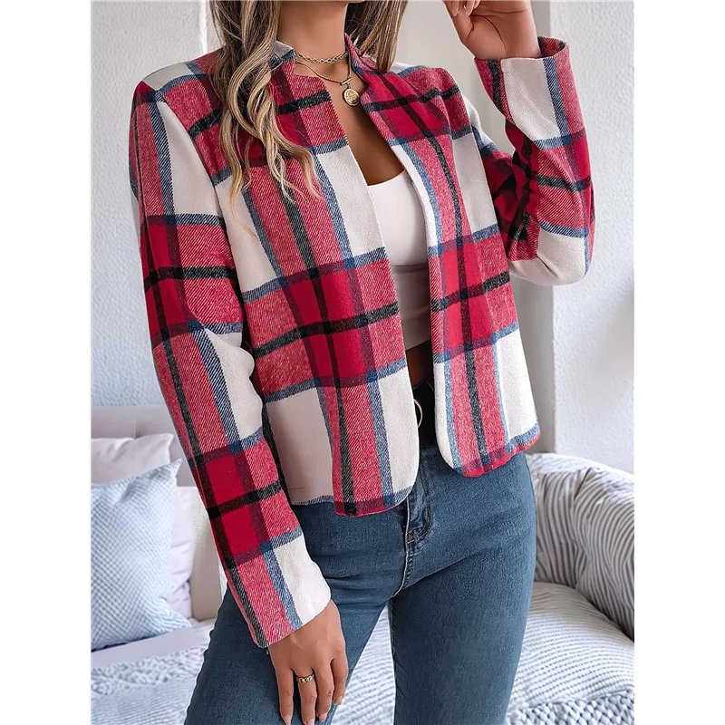 AOAO-Women's Cropped Plaid Shacket Jacket Button Down Long Sleeve Shirts Tops