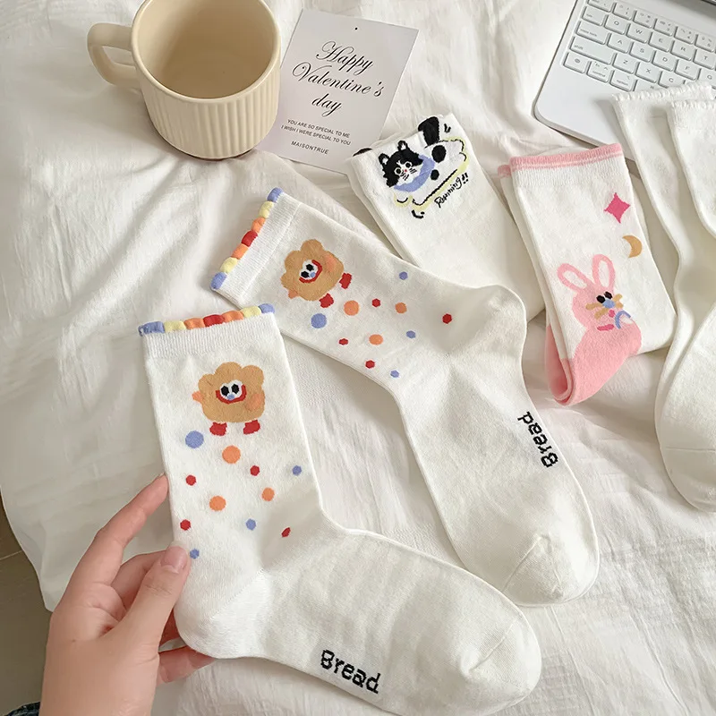 Cartoon Cute White Socks Women's Stockings Ins Tide Korean Version Medium Tube Socks Cat Rabbit Student Non Slip Stacking Socks