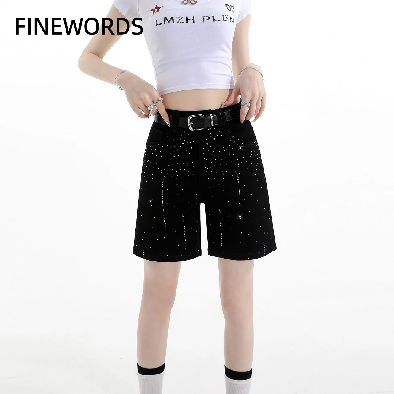 FINEWORDS 2026 Summer Women Black Rhinestone Denim Bermuda Shorts High Waist Straight Leg Sparkly Jean Shorts Casual Streetwear