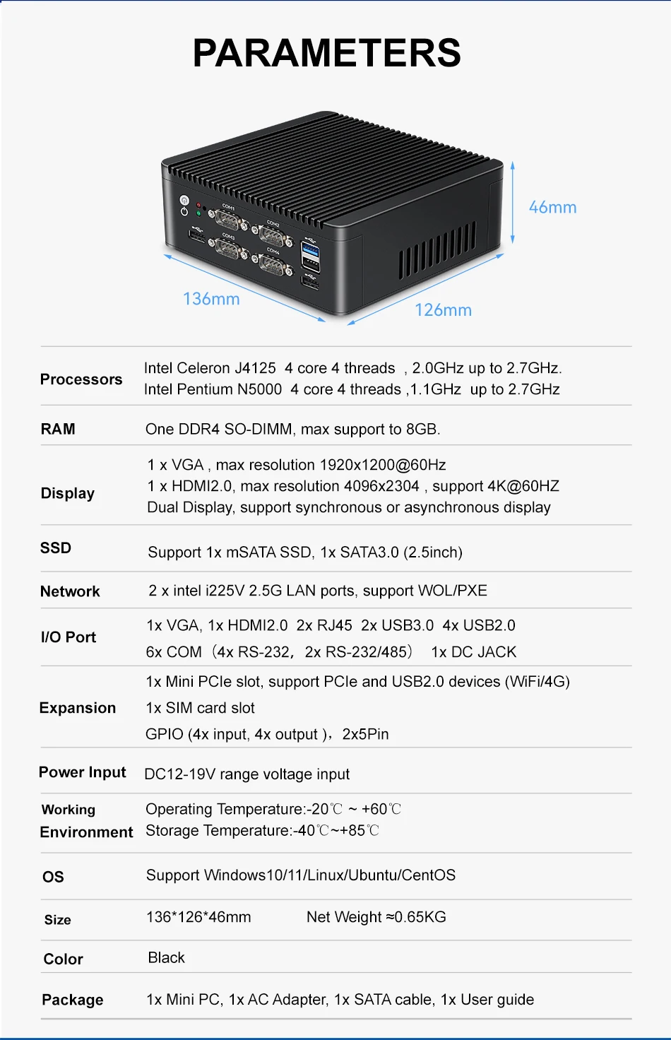 Imagem -06 - Mini pc Intel Pentium N5000 J4125 Lan 2x Gbps 6x com Rs232 Rs485 6x Usb Gpio Expansível Sim 4g Wifi Windows 10 11 Ubuntu