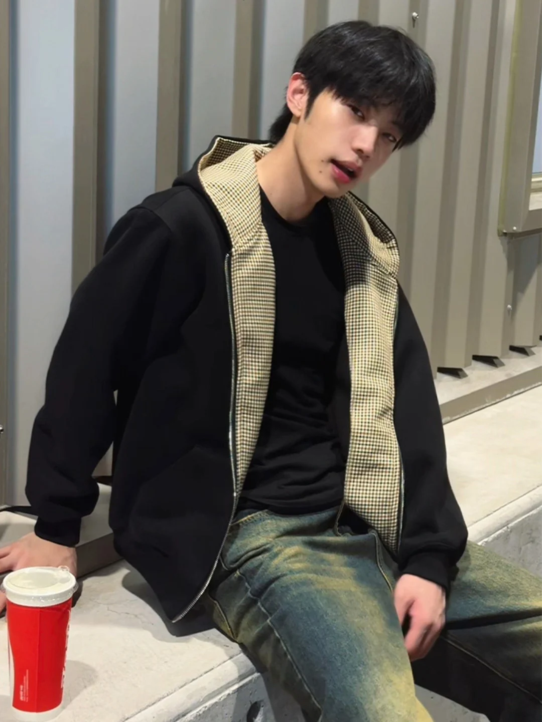 

Double-Sided Wear ort Men's Jaet American Retro Heavyweight Hooded Sweatirt Cleanfit Open Cardigan Sweatirt Quilted