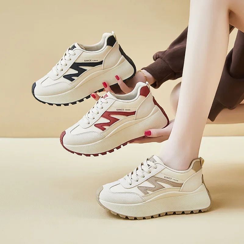 

Pop Women's Thick Soled Shoes Women's Retro Sports Shoes Casual Leather Women's Sports Shoes Rubber Lace Up Women Vulcanized Sho