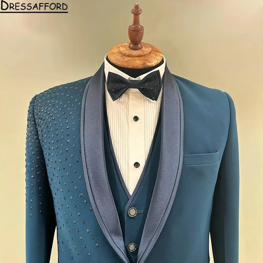 Blue 3 Pieces Groom Wedding Tuxedos Crystal Formal Suits Men Custom Made Black Prom Blazer Sets Male Fashion