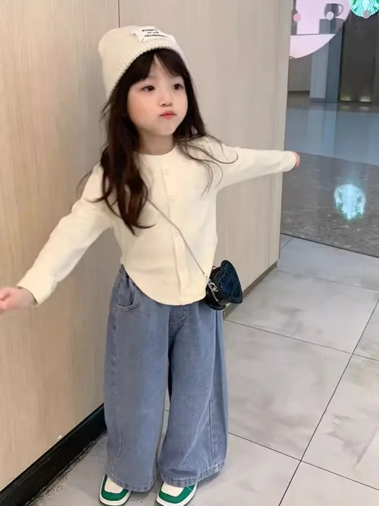 

Spring Autumn Kids Girls Wide Leg Pants Set Base Layer irt Casual Denim Pants Girls Faion Outfit round Ne Long Sve