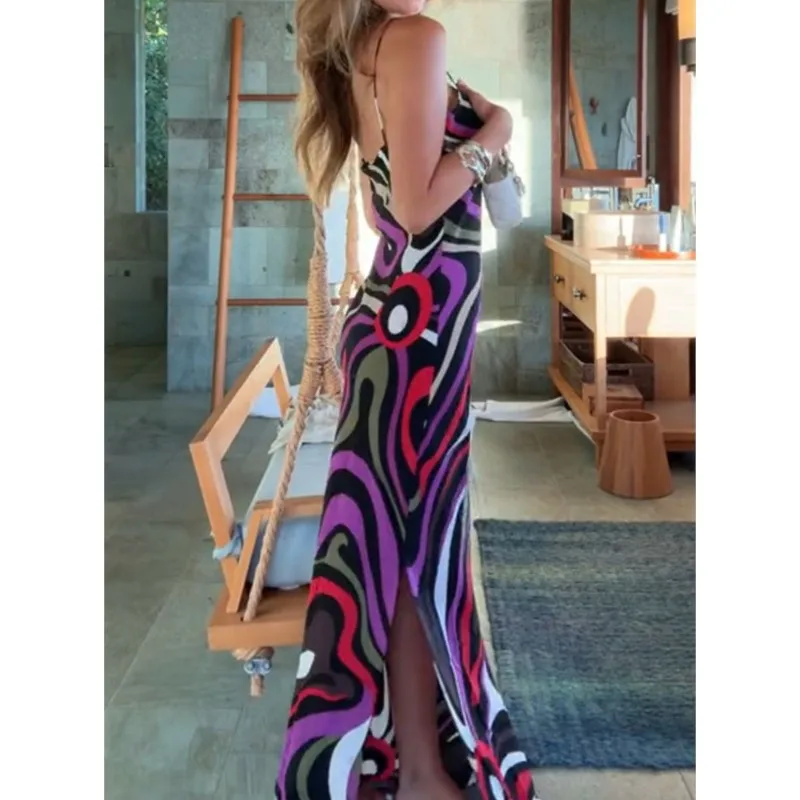 Color Print Slim Boho Dress Mujer Sexy Hollow Backless V Neck Sling Long Dresses Elegant Holiday High Waist Hips Dress Vestidos