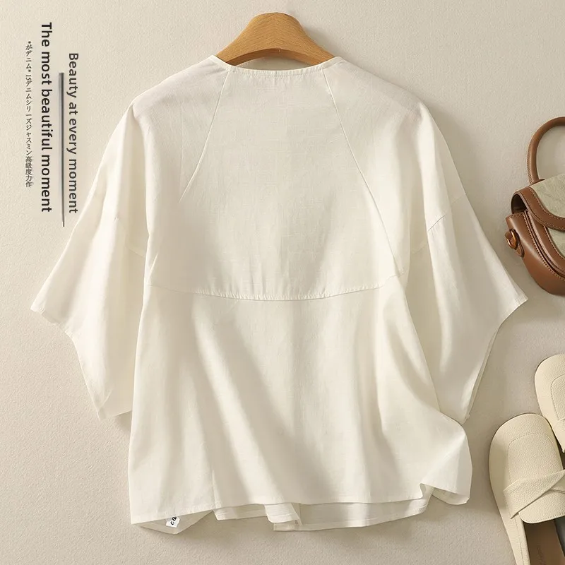 Summer Artistic Cotton Linen ort Sve Women's Cardigan Slimming Design oulder Insert Sve Top Pear aped Fit irt