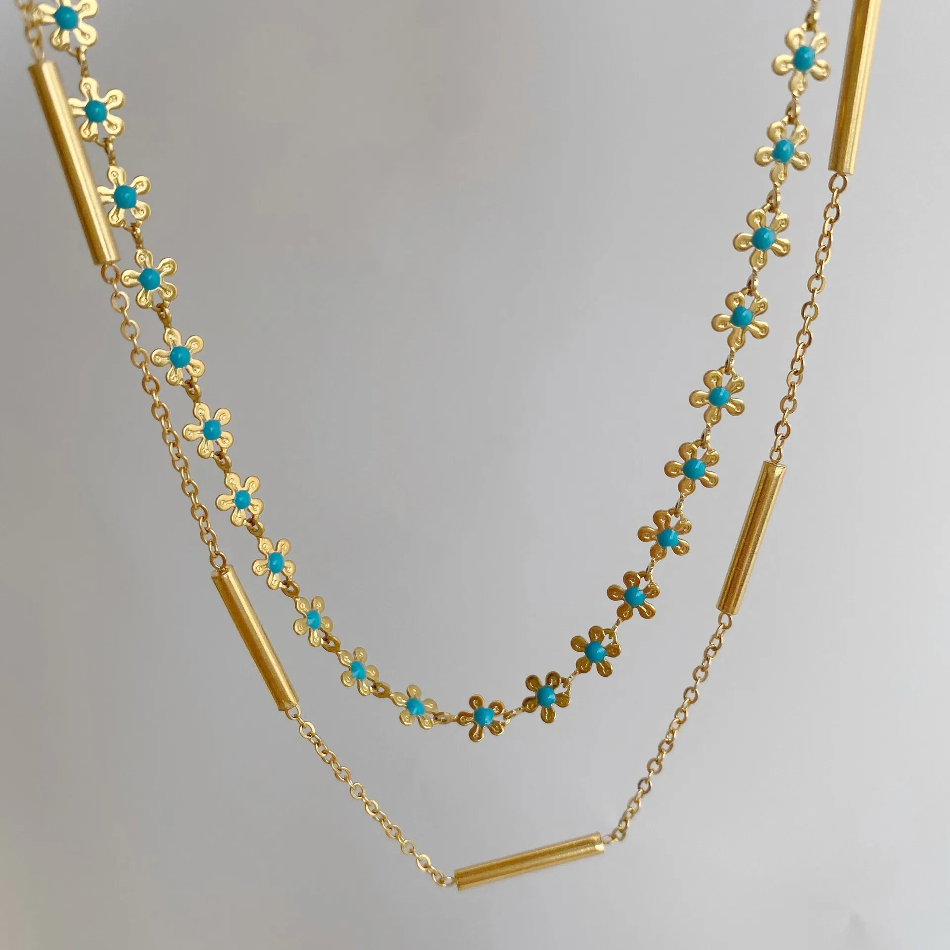 INS Titanium Steel Blue Flower Necklace For Women Girls Vintage Gold Multi Flower Choker Necklaces Fashion Aesthetic Jewelry