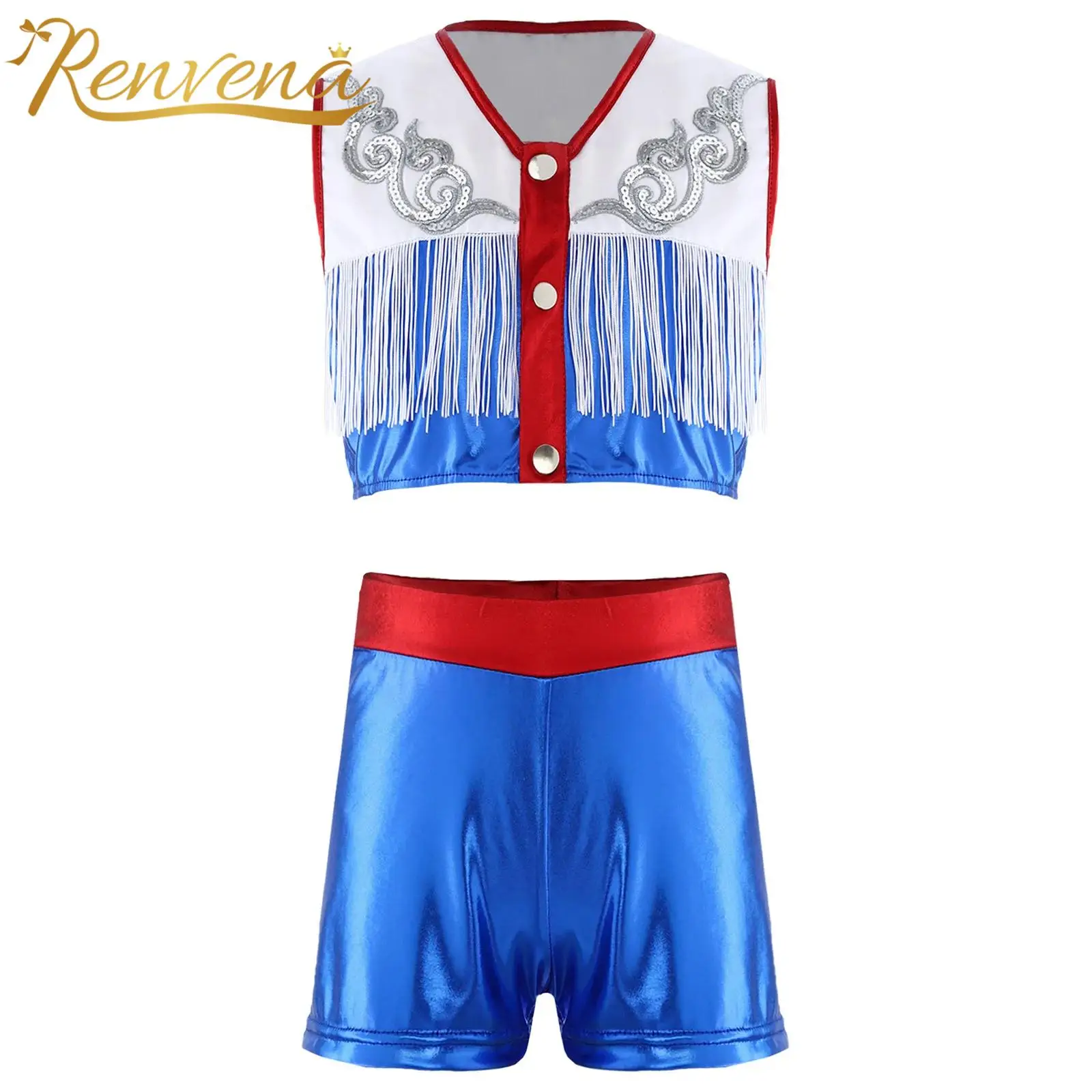 Kids Girls Metallic Fringed Tops Western Cowgirls Cowboy Costumes Sequins Hippie Outfits for Fancy Ball Masquerade Party Suits