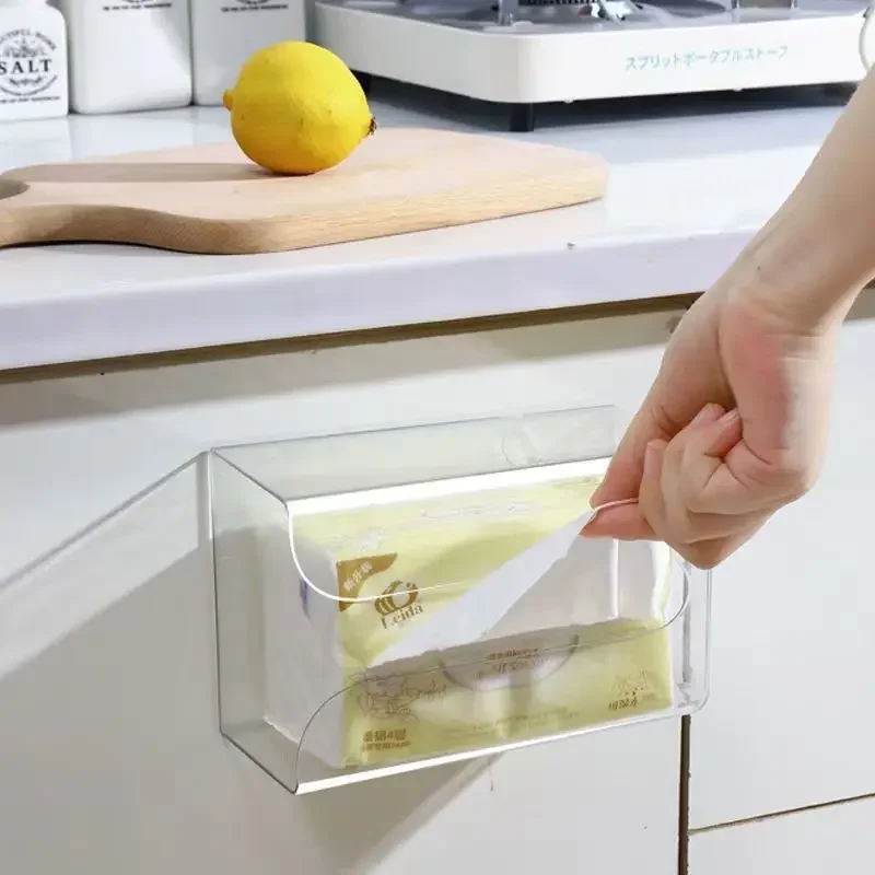 Transparent Tissue Box with No Trace Adhesive Non Perforated Tissue Box Wall Mounted Kitchen Bathroom Desktop Paper Drawer Box