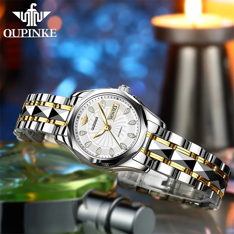 OUPINKE Luxury Ladies Automatic Mechanical Watch White Calendar Diamond Inlay Waterproof Tungsten Steel Band Female Wrist Watch