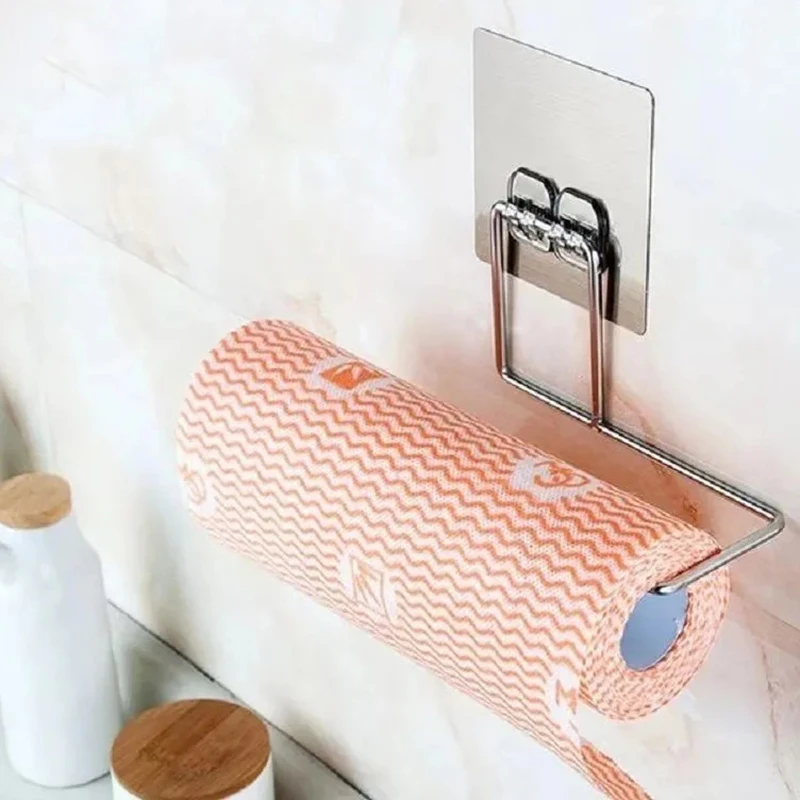 1/4 Of The Kitchen Wall Hanging Paper Towel Rack, Perforation-Free Dish Cloth, Towel, Plastic Wrap Stainless Steel Storage Hooks