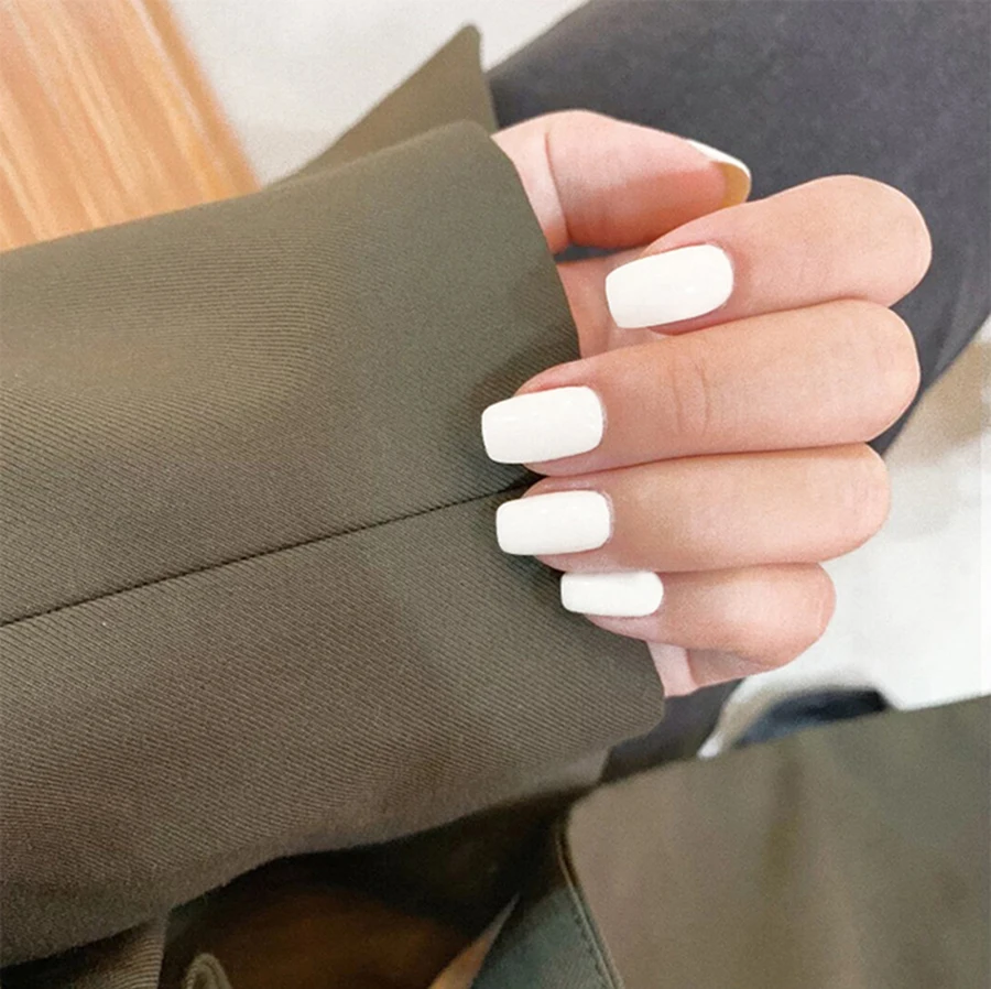 24pcs Glossy Demitint Series Medium Square Press On Nails  Solid Color False Nails With Jelly Sticker Reusable Fake Nails