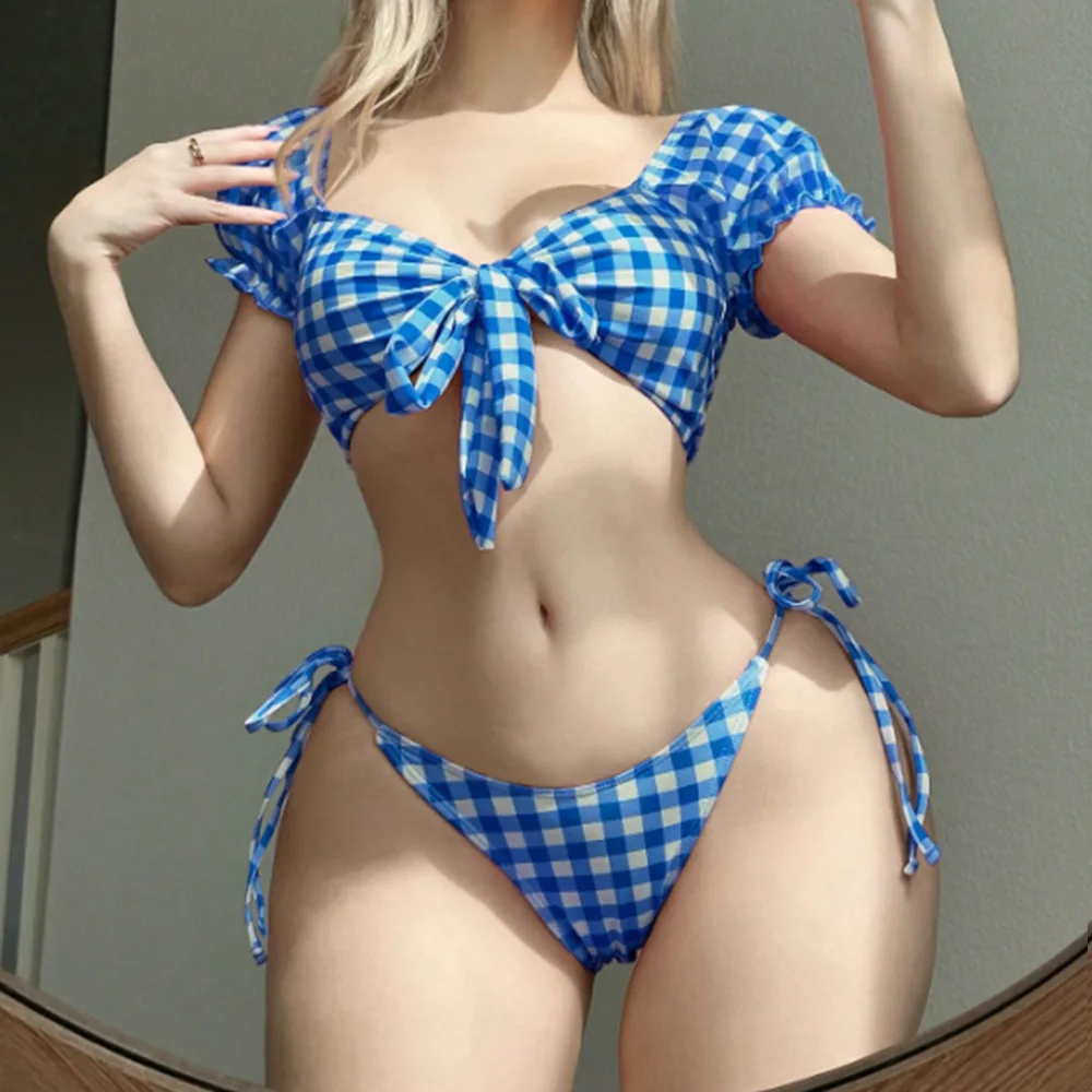 Cikini Women's Pink Plaid Short Sleeve Bikini Set, Swimwear Bathing Suit Beach Outfit Summer Vacation, Summer Beach Top