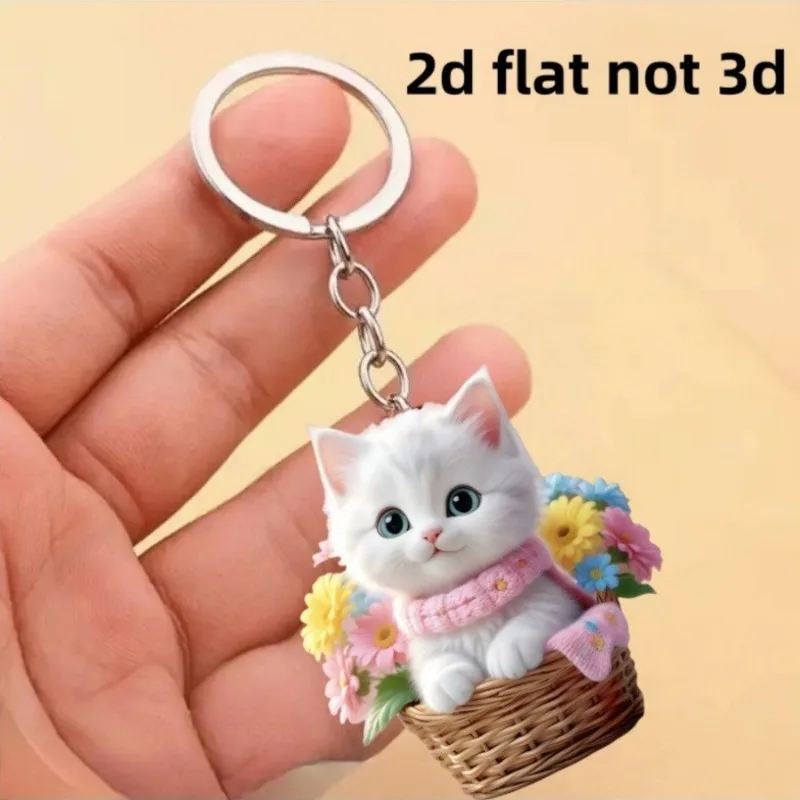 2D Flat Cute Flower Basket Kitten Pendant Acrylic Keychain Bag Charm Car Rearview Mirror Hanging Decor Gift for Cat Lovers