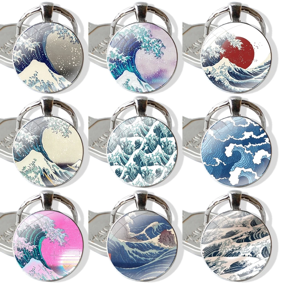 25mm Glass Cabohcon Keychain Key Rings for Women Men Jewelry Gift Hokusai The Great Wave