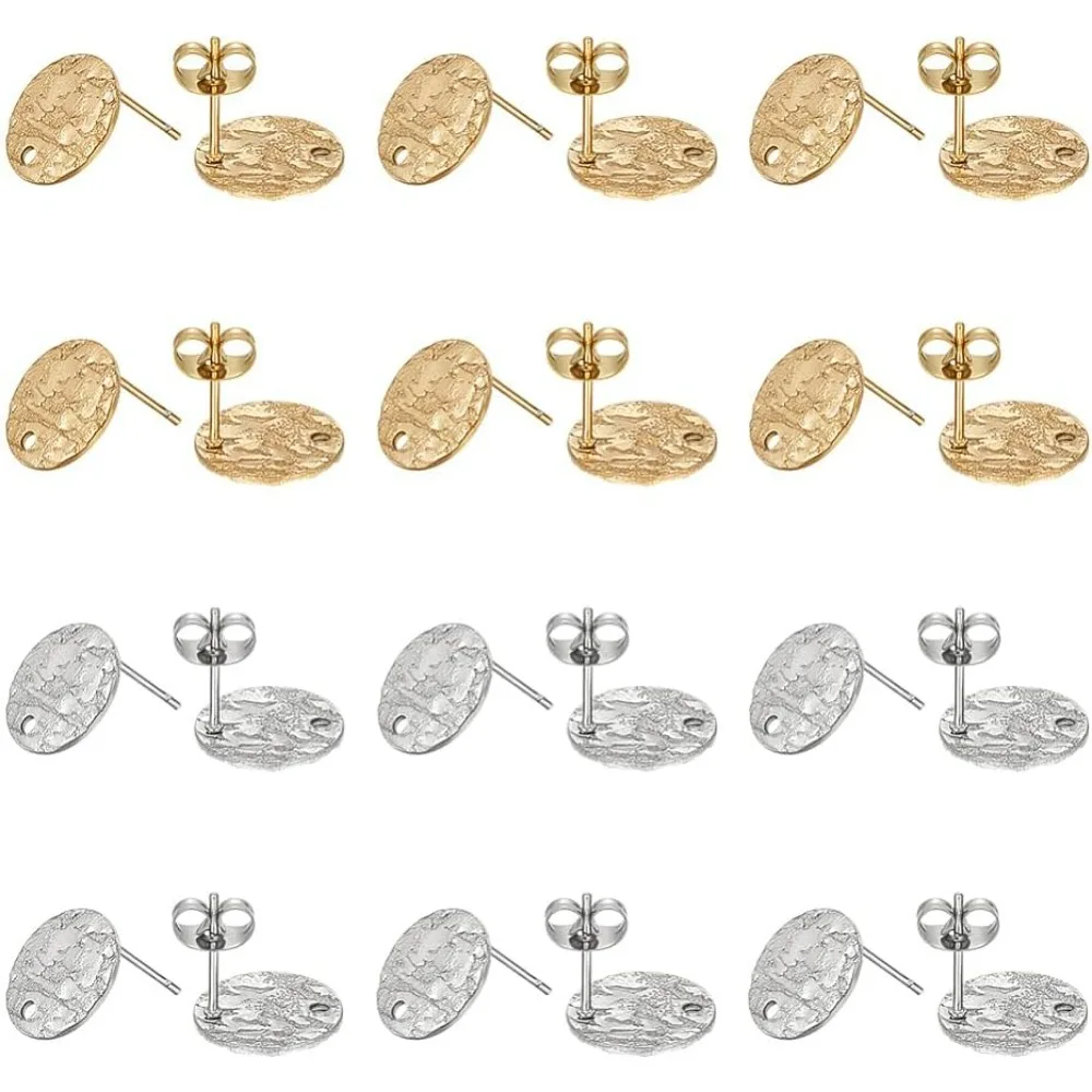 60Pcs 2 Colors Flat Round Earring Posts 30 Pairs Stainless Steel Stud with  Backs Metal  Post Textured