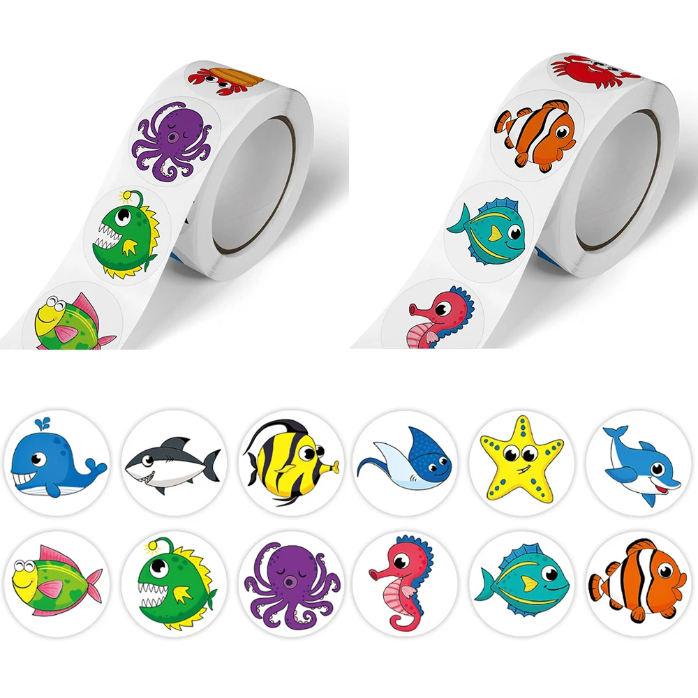 

500pcs Cartoon Marine Animals Seal Label Stickers Cute Sea Fish Decoration Decals Roll DIY Skateboard Guitar Funny Sticker Gifts