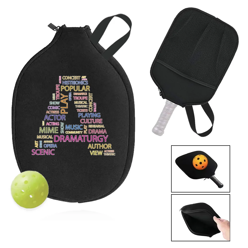 Pick Ball Racquet Sleeve Tote Bag Zippered Racket Storage Bags with Mesh Organizer Handbag Pouch Text Letter Printed Series