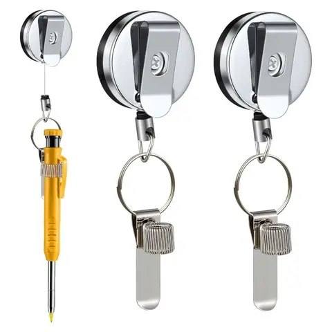 New Retractable Pull Pen Pencil Holder Universal Metal with Belt Clip Lanyard Key Ring