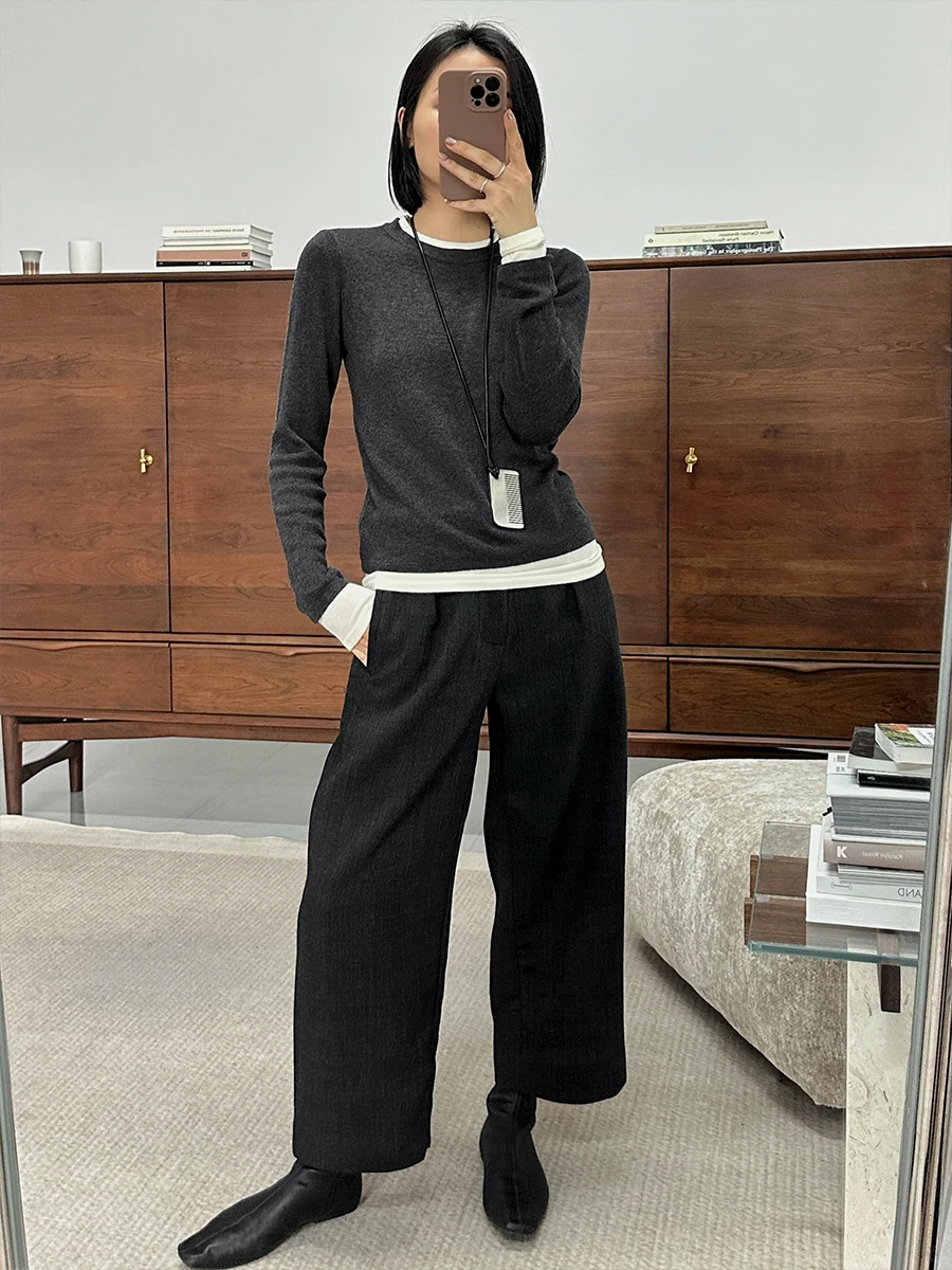 

Muallychen для похудения Long Sve вязаный базовый слой топ женский модный осенне-зимний цвет круглый пуловер из смеси шерсти