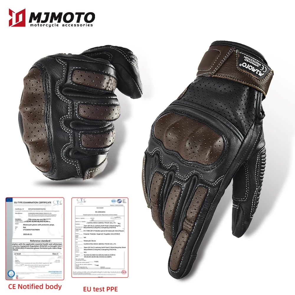 Brown Vintage Leather Motorcycle Gloves Men Touch Screen Compatible Motorbike Riding Gloves CE Certified Moto Racing Biker Glove