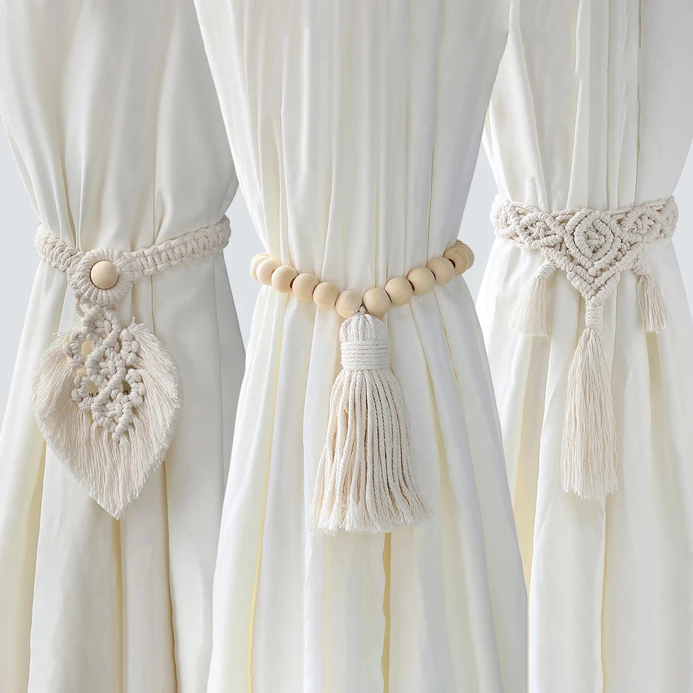 1PCS Macrame Curtain Tiebacks Wooden Beads Leaf Shape Tassel Curtain Straps Mini Wall Tapestry Nordic Style For Living-Room Deco