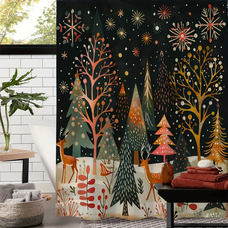 A vintage Christmas tree, fireworks, reindeer, green plant print waterproof shower curtain, curtain with 12 hooks Curtain for Wi