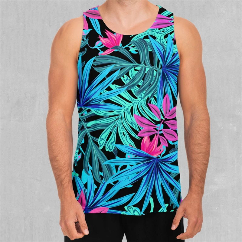 Hawaiian Leaf And Flower Patterns Tank Top Men Colorful 3d Print Tropical Plant Sleeveless Tee Fashion Summer Casual New Vest