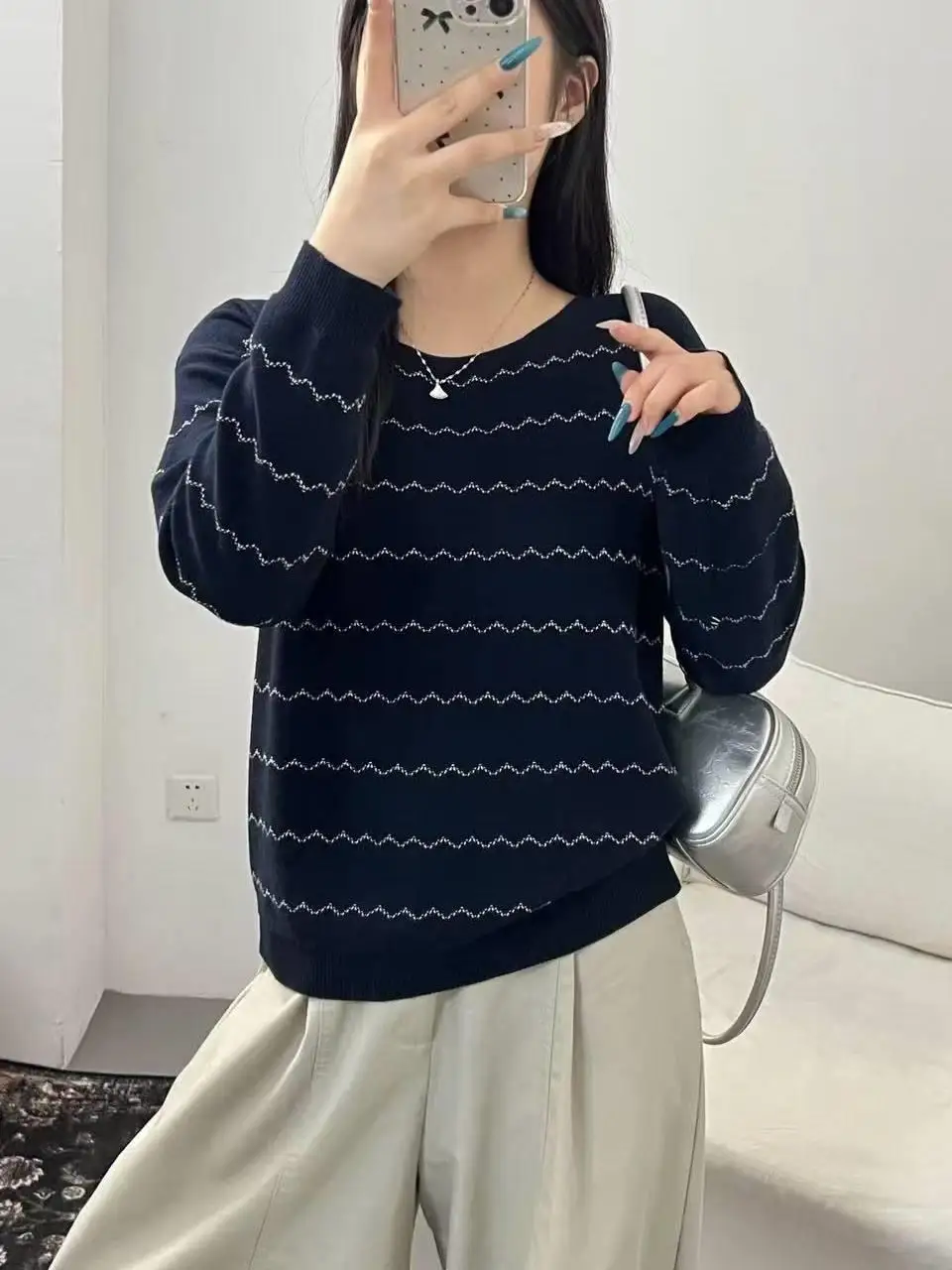 Slimming Gradient Color Knitwear round Neck Loose Fit Thin Women's Fashionable Early Autumn Korean Style Base Layer Top