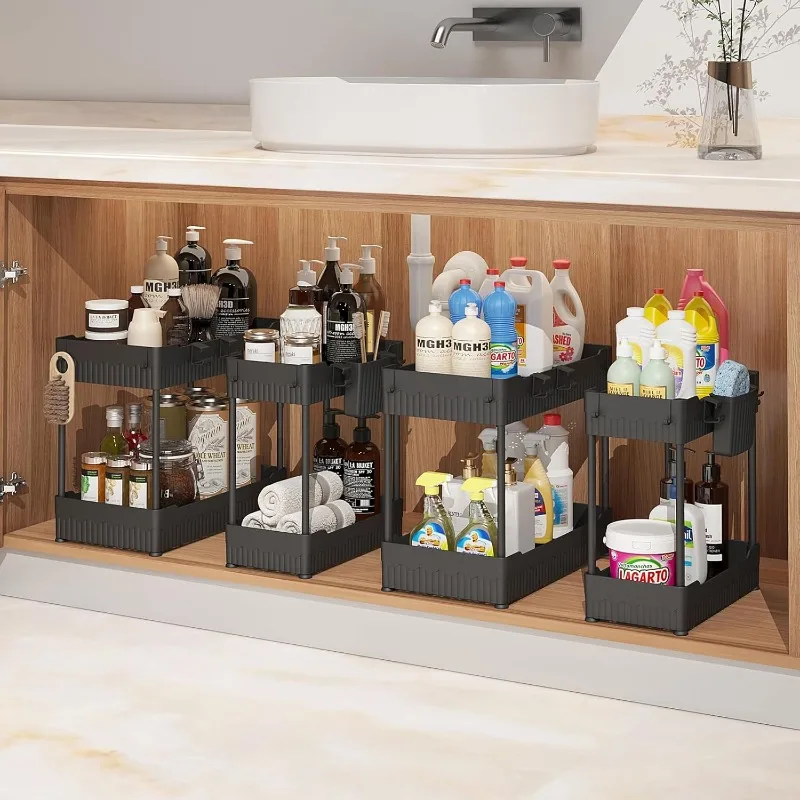 4-Pack Under Sink Organizer and Storage Rack, Bathroom Under Cabinet Organizer with Hooks for Hanging Cups