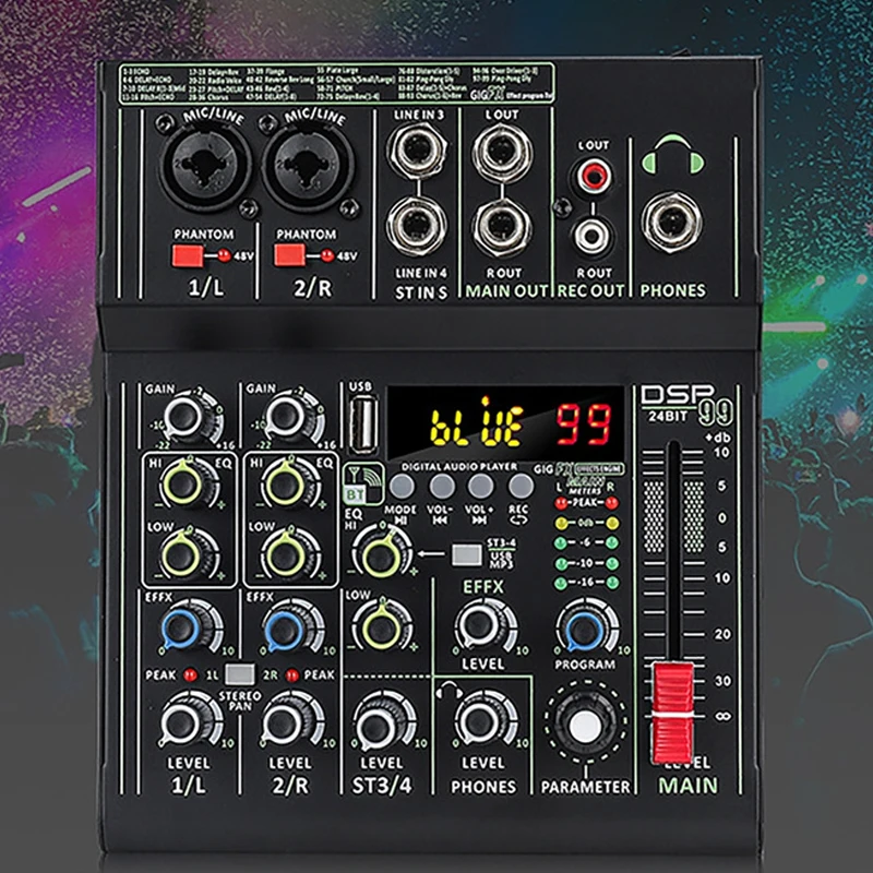 เครื่องผสมสัญญาณเสียงแบบมืออาชีพ18dBm เล่นด้วย USB จอแสดงผลแบบ HD Phantom Power 99 DSP Effects การ์ดเสียง4ช่องสัญญาณเครื่องผสมบลูทูธ