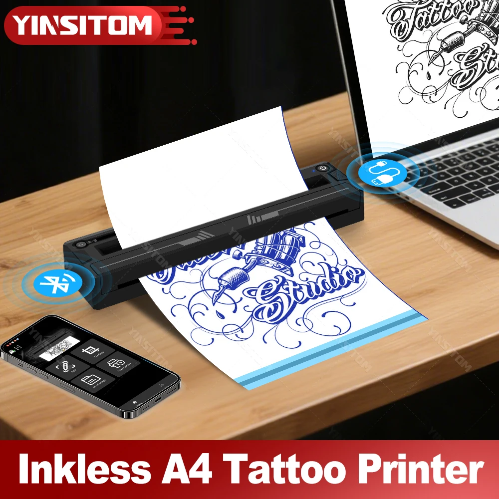 A4 Tattoo Stencil Transfer inkless Printer Wireless Thermal Tattoo Transfer Bluetooth Portable Machine and Papers for Beginners
