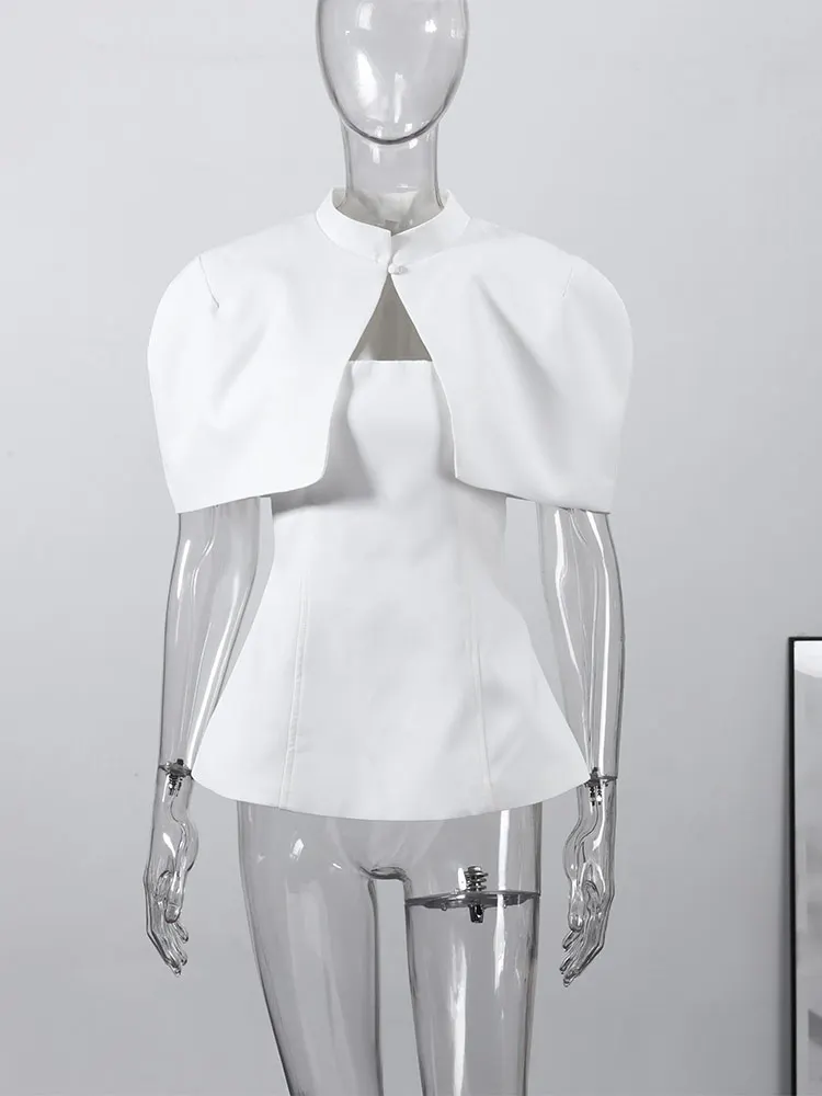 Halbrollkragen-Cape-Tube-Top-Anzüge für Damen, elegantes, kurzärmliges, schulterfreies Oberteil mit Taillenbetonung, schickes Büro-Outfit, Clubwear, Neu – Detail 4