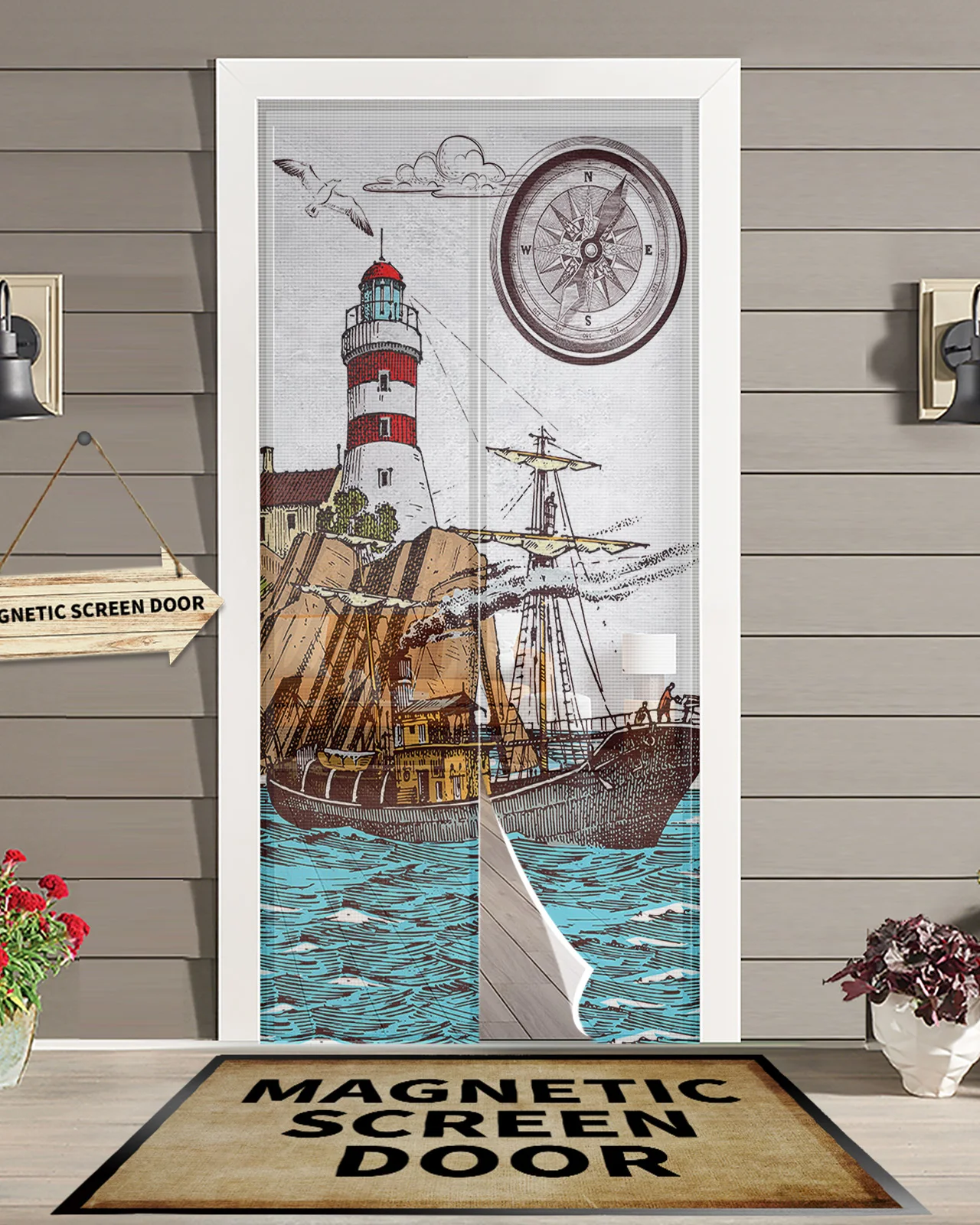 Illustration Lighthouse Sailing Ship Kitchen Curtain Magnetic Mosquito Net Curtains Summer Bedroom Anti Insect Door Curtain