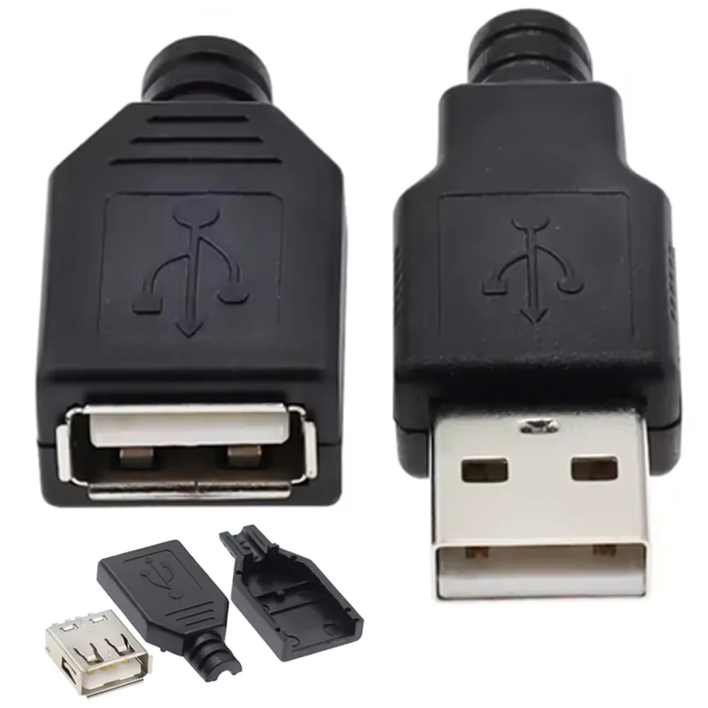 10/20 Sets Type A Male/ Female USB 4 Pin Plug Socket Connector With Black Plastic Cover Adapter Connect USB 2.0 DIY Kit