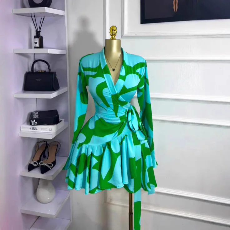 

2026 Women's Dress Ins Long Sleeve Belt V-neck Sweet Temperament Printed Pleated Short Dress Dress Robe Vestido Women Party