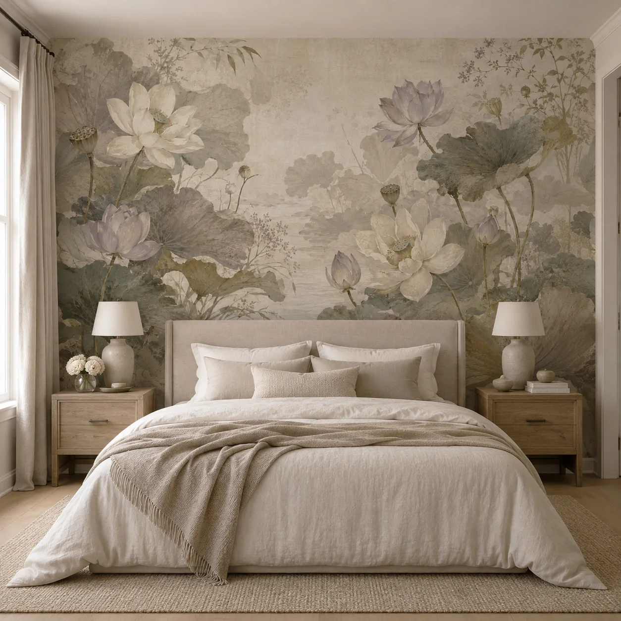 Vintage Lotus Pond Wall Mural, Botanical Floral Wallpaper, Japanese Style Living Room Decor, Non Self Adhesive, Glue Required