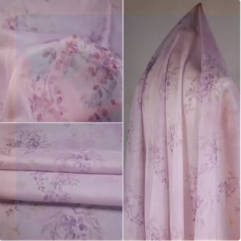 Tessuto Chiffon di alta qualità con stampa floreale viola rosa di bellezza, abito Cheongsam panno Han tessuto per cucire fatto a mano trasparente