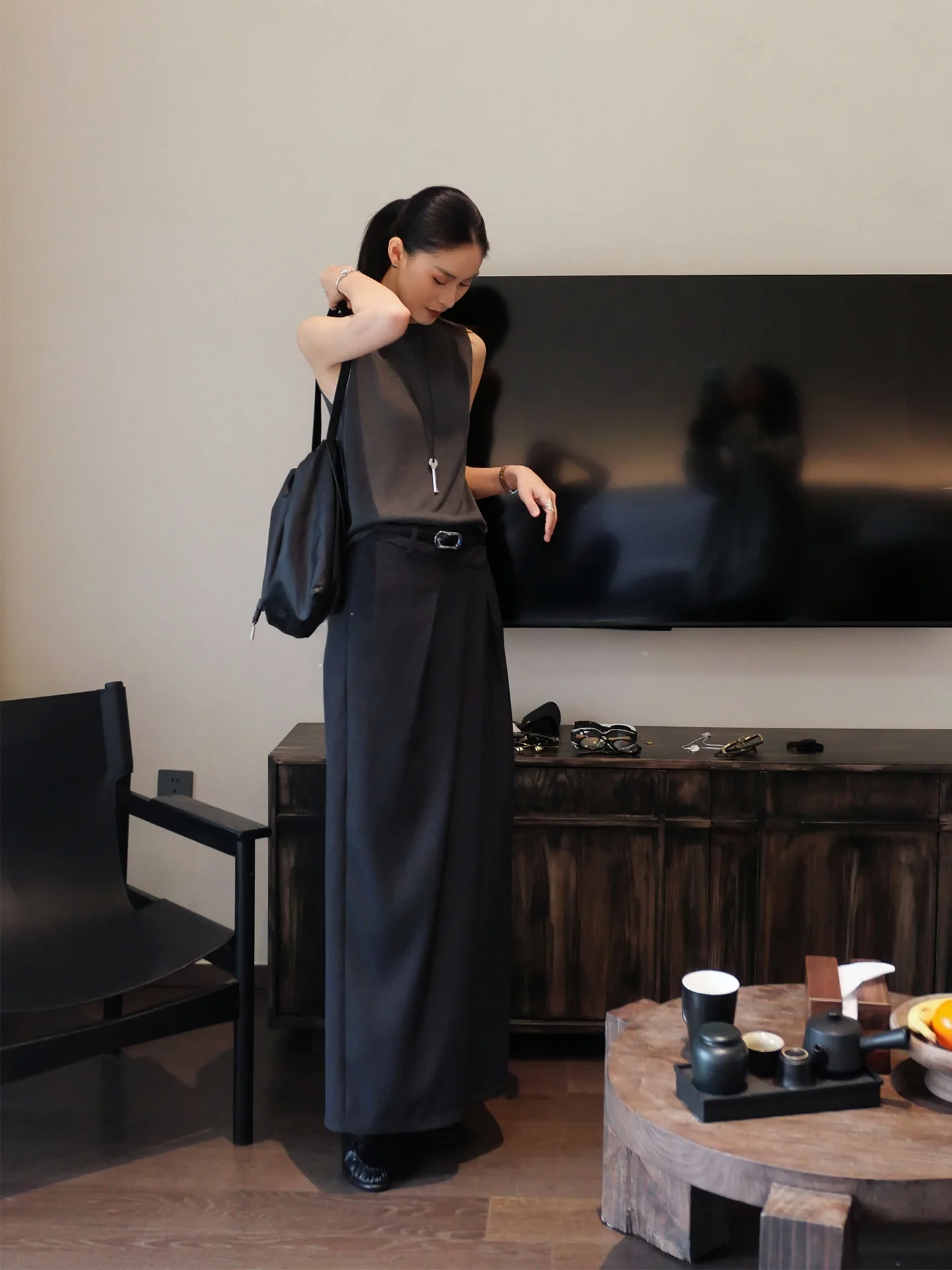 Casual Grey Pleated Long Skirt Women's High Waist Straight Cut Slimming Autumn New Style JIEJI ZHANG Elegant Fashionable Half...