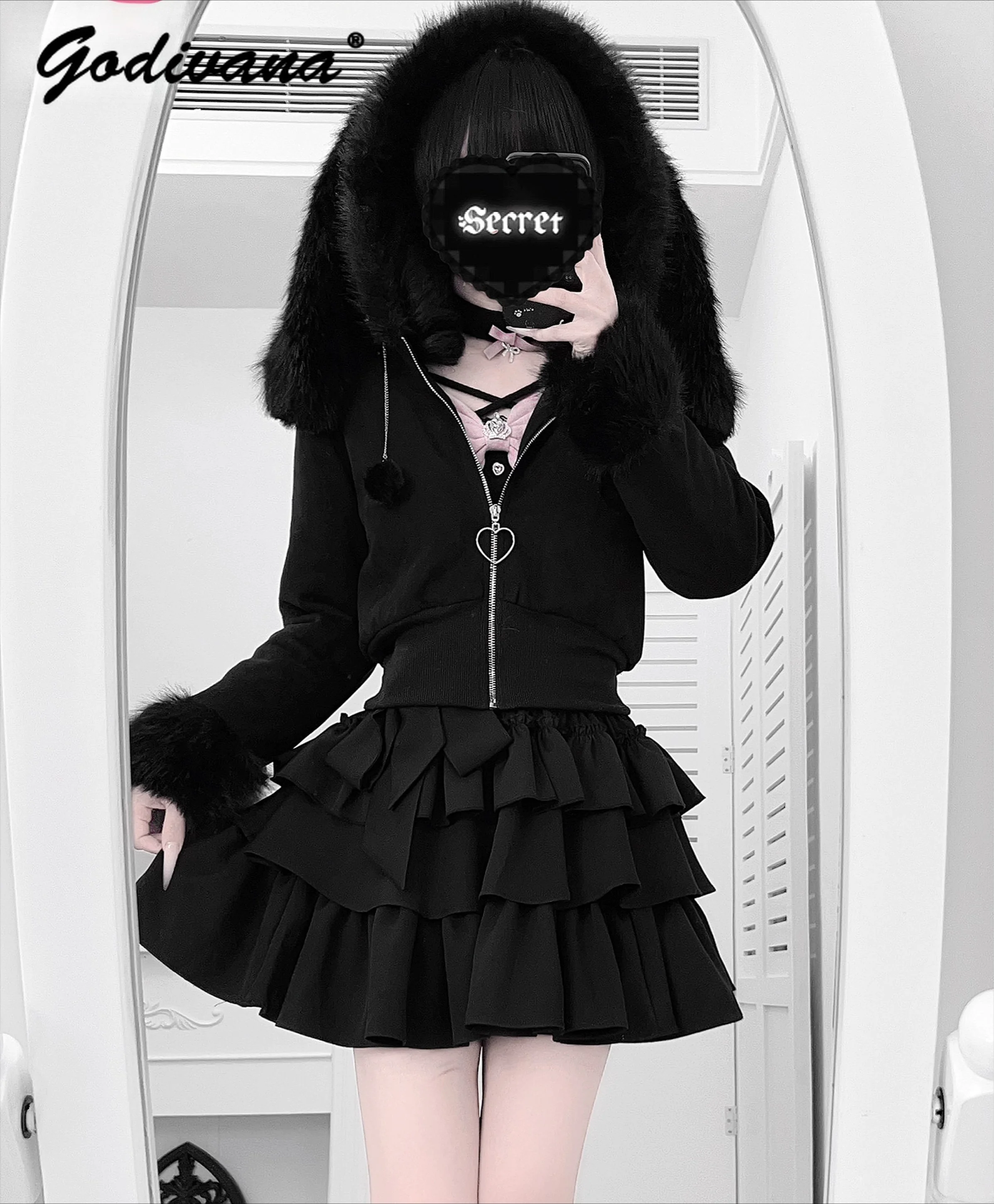 Autumn and Winter Sweet Cute Rabbit Ear Suede Fleece-lined Warm Thick Fur Collar Short Jacket Japanese Female Girls Hooded Coat