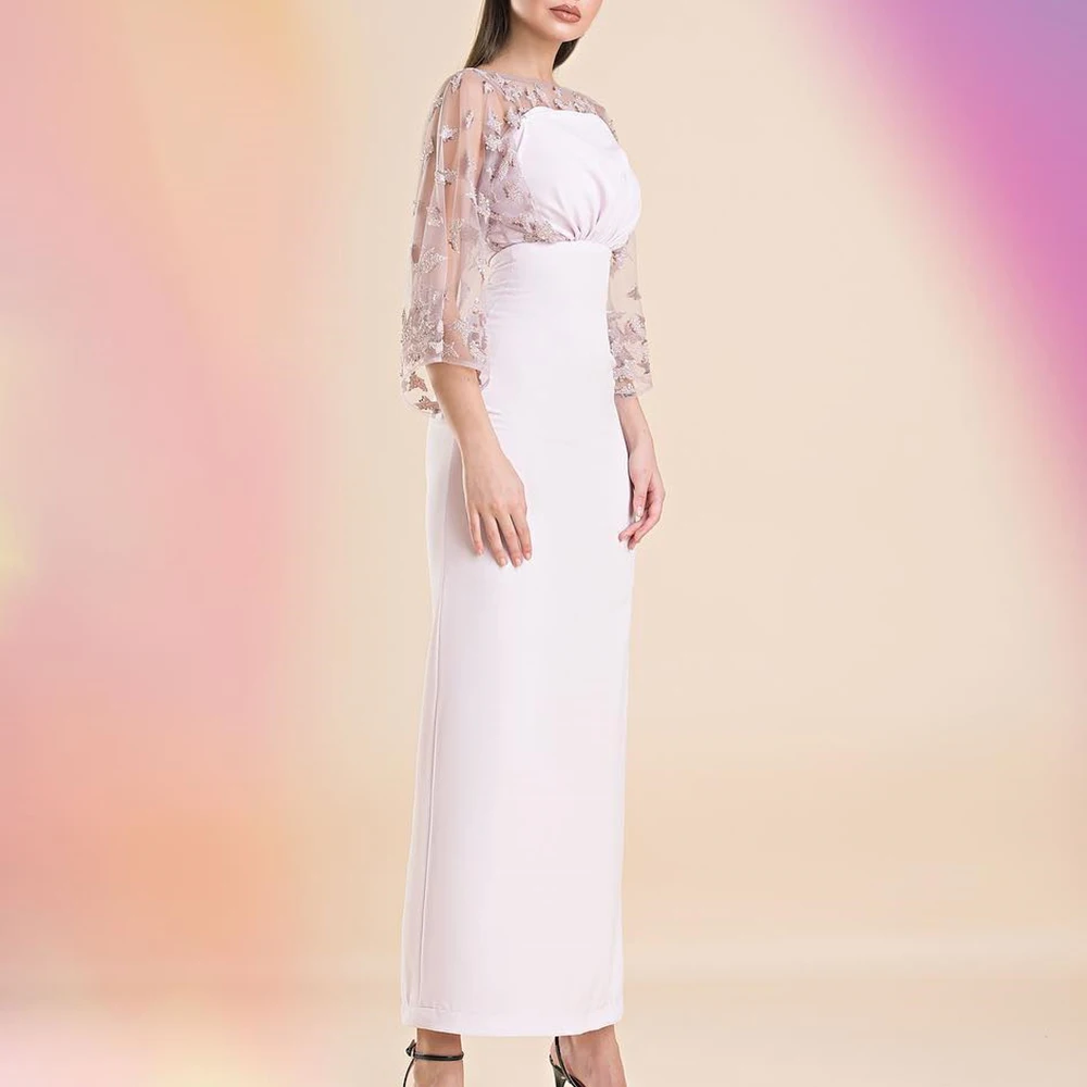 Exquisite Crystal Jersey Straight Evening Dress High Quality Floor Length Crew neck 3/4 Sleeves vestidos de fiesta