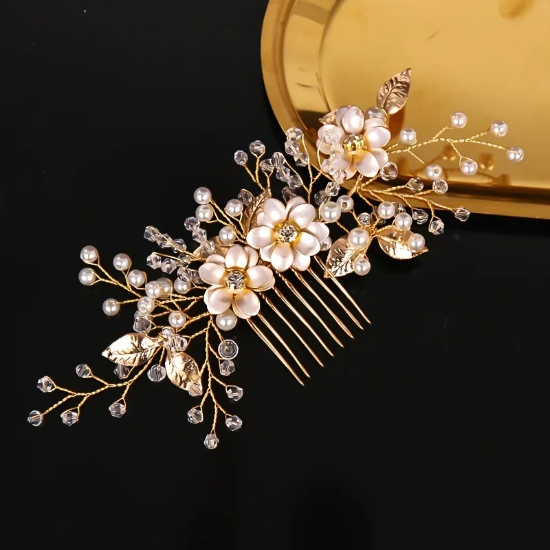 Handmade Gold Color Flower Hair Comb Pearl Rhinestone Flower Hair Accessories For Women Bride Wedding Accessories Tiara Headband