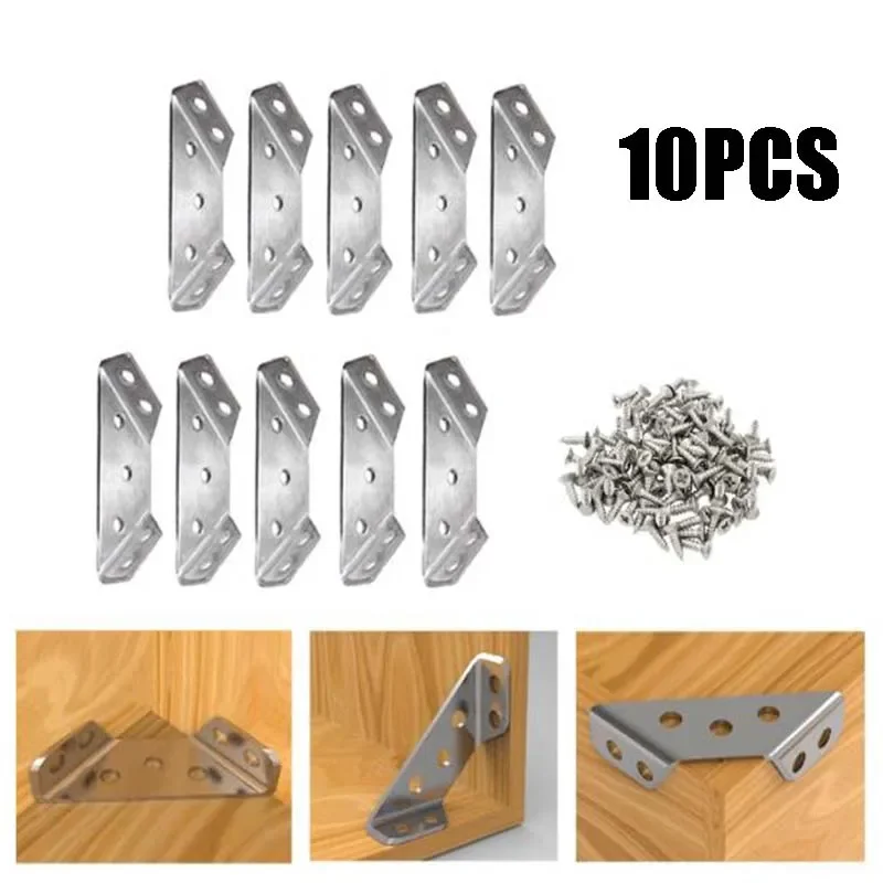 10PCS Corner Brackets Stainless Steel Furniture Angle Shelf Connector Cabinet Support Fixing Frame Corner Brace with Screw