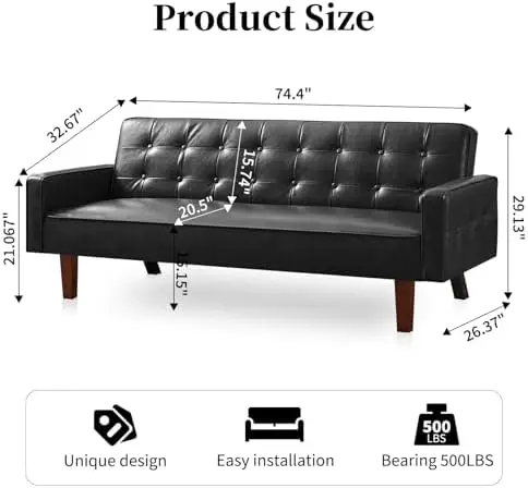 Faux Leather Couch, Mid Century Modern Sofa with Memory Foam, Comfy 3 Seater Couch for Small Spaces, Living Room