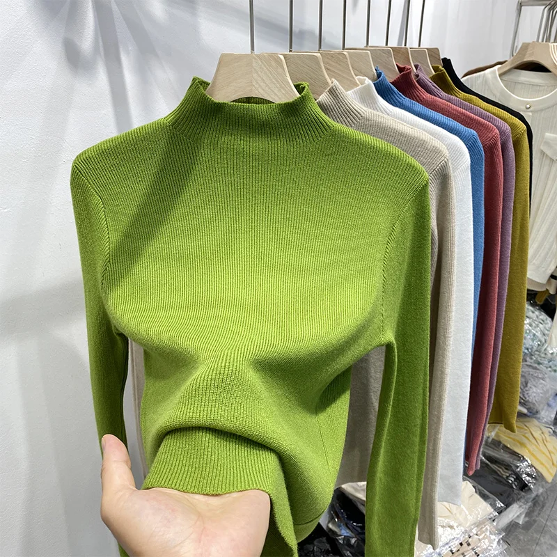 

Candy Colored Long Sleeve Knitted Sweater Women's Half High Collar Elastic Base Shirt High Elasticity Winter Fashion Ladies' Top