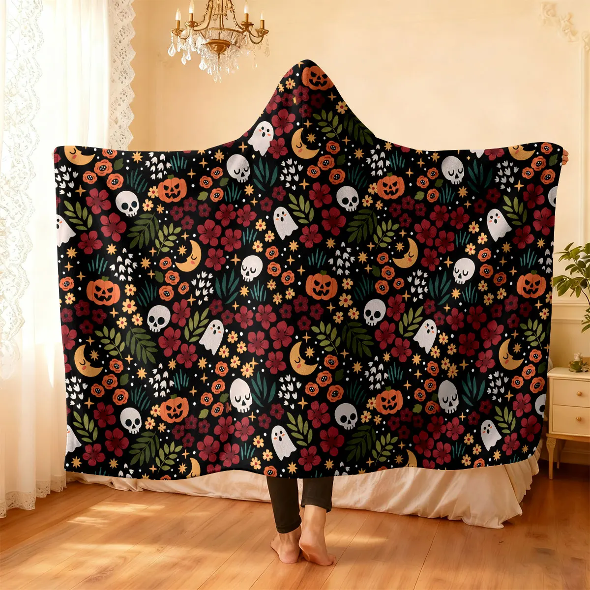 1pc Halloween skeleton ghost pumpkin flower print hooded blanket flannel hoodie wearable cape blanket soft casual blanket